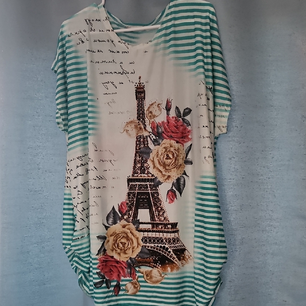 Periwinkle by Barlow Teal Striped Eiffel Tower Tee